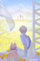  2boys 2girls blonde_hair blue_hair bow dog facing_away flower from_behind gloves green_hair highres kamishiro_rui kusanagi_nene long_sleeves maengkkong8852 multiple_boys multiple_girls ootori_emu pants pink_hair project_sekai purple_hair red_bow shirt short_hair sitting tenma_tsukasa white_pants yellow_flower 