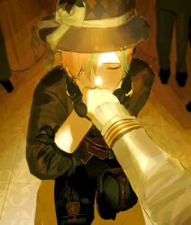  1boy black_gloves black_pants blonde_hair blush closed_eyes crowd gloves hair_over_one_eye hat highres kamishiro_rui kiss kissing_hand long_sleeves maengkkong8852 male_focus multicolored_hair multiple_boys official_alternate_costume official_alternate_hairstyle on_one_knee orange_hair pants pov project_sekai short_hair solo_focus streaked_hair top_hat 