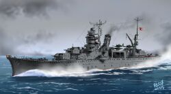  aircraft airplane anti-aircraft_gun artist_name cannon clouds cloudy_sky commentary_request crane_(machine) cruiser dated floatplane highres imperial_japanese_navy mast military military_vehicle nendoyo no_humans ocean original rising_sun_flag sailing seaplane ship ship_turret sky smokestack sunburst type_96_aa_gun vehicle_focus warship watercraft yahagi_(cruiser) 