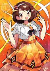  1girl anidler91 blush breasts brown_eyes brown_hair dress flower gloria_(anniversary_2025)_(pokemon) gloria_(pokemon) gradient_clothes gradient_dress hair_ornament hairband highres official_alternate_costume open_mouth orange_dress pokemon pokemon_masters_ex short_hair short_sleeves smile white_hairband 