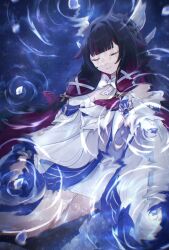  1girl bare_shoulders black_hair bow closed_eyes columbina_(genshin_impact) detached_sleeves eye_mask full_moon genshin_impact hair_ornament head_wings highres long_hair moon multicolored_hair night night_sky petals reflection reflective_water ripples sky smile solo star_(sky) starry_sky streaked_hair suwa_(swk_kkk) water white_mask wings x-shaped_eyewear x_hair_ornament 