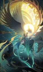  1boy alternate_costume aqua_gemstone aqua_hair armor barefoot black_hair black_wings blood blood_from_eyes blue_fire chinese_commentary clear_water closed_eyes cracked_skin cupping_hands disembodied_hand feathered_wings fire from_side full_body fur_trim gem genshin_impact glowing gradient_hair green_fire green_robe head_wings highres knees_up male_focus multicolored_hair open_hand own_hands_together parted_bangs parted_lips profile red_sash robe sash short_hair shoulder_armor shoulder_spikes shrug_(clothing) silhouette solo spikes sun_symbol tassel two-tone_robe white_robe wings xiao_(genshin_impact) 