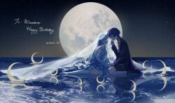  1boy 1girl alternate_costume arm_at_side artist_request black_bow black_bowtie black_jacket black_shoes black_shorts black_sleeve_cuffs black_sleeves black_socks black_suit blunt_ends bow bowtie character_name clenched_hand closed_mouth commission commissioner_insert couple crescent cross cross_print detached_sleeves dress eye_contact fingernails formal_clothes frilled_dress frilled_sleeves frills from_side full_moon gem genshin_impact hand_up happy_birthday hayami_momo_(hayamimomo) head_down hetero highres holding_another&#039;s_hair jacket kneehighs kneeling_on_liquid long_hair long_sleeves looking_at_another moon moonlight night night_sky oc_x_canon open_hand original pink_eyes pleated_dress profile purple_hair purple_trim red_gemstone reflection reflective_water scaramouche_(genshin_impact) second-party_source see-through_clothes see-through_veil shirt shoes shorts sitting sky socks star_(sky) starry_sky striped_clothes striped_shirt suit suit_jacket tsurime turtleneck turtleneck_shirt undershirt veil very_long_hair violet_eyes wariza white_dress white_hair white_sleeves white_socks white_veil yokozuwari 