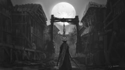  1boy artist_name bloodborne capelet facing_away from_behind full_body gloves greyscale gun handgun hat highres holding holding_gun holding_weapon hunter_(bloodborne) long_sleeves male_focus monochrome moon outdoors saw saw_cleaver shoes skull solo standing tricorne tripdancer weapon 