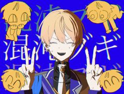  1boy black_shirt blonde_hair blue_background blue_jacket closed_eyes collared_shirt double_v facing_viewer fingernails hands_up highres jacket konton_boogie_(vocaloid) lapels long_sleeves maengkkong8852 male_focus multicolored_hair multicolored_jacket necktie notched_lapels open_mouth orange_hair project_sekai sharp_teeth shirt short_hair smile solo sweat teeth tenma_tsukasa text_background upper_body v white_necktie 