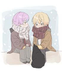  2boys aged_down aqua_hair black_cat black_pants blonde_hair blue_hair blush brown_coat brown_jacket cat coat double-parted_bangs full_body gloves gradient_hair grey_pants grey_scarf highres hood hood_down jacket kamishiro_rui long_sleeves looking_at_another maengkkong8852 male_focus multicolored_hair multiple_boys open_clothes orange_hair pants plaid_clothes plaid_scarf project_sekai purple_hair red_scarf scarf shirt short_hair sitting snowing streaked_hair tenma_tsukasa two-tone_hair white_shirt yellow_eyes 