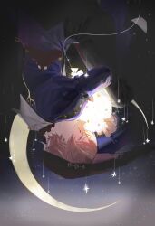  1boy blonde_hair blue_jacket closed_eyes crescent_moon hat highres jacket long_sleeves maengkkong8852 male_focus moon night night_sky pants project_sekai shirt short_hair sky smile solo star_(sky) star_(symbol) star_sky starry_sky tenma_tsukasa upside-down 