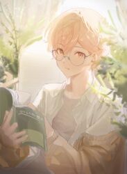  1boy bespectacled blonde_hair blue-framed_eyewear blurry book brown_cardigan cardigan closed_mouth collared_shirt curtains glasses grey_shirt hair_between_eyes highres holding holding_book indoors korean_text long_sleeves looking_at_viewer maengkkong8852 male_focus open_book open_cardigan open_clothes open_collar orange_eyes orange_hair plant project_sekai reading semi-rimless_eyewear shirt short_hair solo tenma_tsukasa upper_body white_shirt 