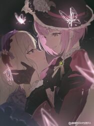  2girls black_bow black_bowtie black_gloves blonde_hair bow bowtie bug butterfly flower frills gloves green_hair hairband hand_on_another&#039;s_face hat hat_flower highres kusanagi_nene long_hair long_sleeves looking_at_another maengkkong8852 multiple_girls official_alternate_costume official_alternate_hairstyle one_eye_closed ootori_emu parted_lips pink_eyes pink_hair project_sekai short_hair smile twitter_username upper_body violet_eyes yuri 