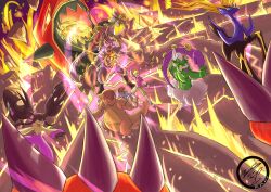  absurdres antlers arm_up blonde_hair bracelet claws colored_sclera commentary crack dated debris english_commentary glowing groudon highres horns jewelry kangaskhan kommo-o mawile mega_kangaskhan mega_mawile mega_pokemon mochachiiino muscular open_mouth outstretched_arm pokemon pokemon_(creature) primal_groudon purple_shirt shirt shoes short_hair short_sleeves shorts signature standing t-shirt tongue tornadus tornadus_(incarnate) white_eyes xerneas yellow_sclera z-crystal 