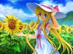  armpits blonde_hair blue_eyes blush bow dress flower hat kamio_misuzu long_hair mutsuki_(moonknives) smile summer sundress sunflower 