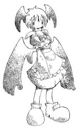  1girl amazake_(manuke_no_oukoku) apron apron_pocket apron_pouch bad_source blush bow bowtie buttons capcom crosshatching darkstalkers demon_girl dress expressionless full_body hatching_(texture) head_wings high_collar juliet_sleeves lace-trimmed_apron lace-trimmed_sleeves lace_trim large_feet legs_apart lilith_(darkstalkers) lineart long_sleeves maid_apron medium_dress monochrome pocket pouch puffy_sleeves shoes sleeves_past_wrists solo standing wings 