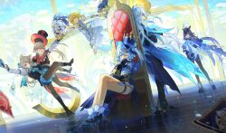  &gt;_&lt; 2boys 6+girls :d absurdres ahoge animal_ears ankle_boots ankle_cuffs aqua_bow aqua_bowtie ascot back-to-back balance_scale bare_shoulders between_fingers black_ascot black_boots black_corset black_gloves black_hat black_pantyhose black_shoes blonde_hair blue_bow blue_brooch blue_cape blue_coat blue_eyes blue_flower blue_gemstone blue_hair blue_hat blue_jacket blue_rose blue_skirt boots bow bowtie breasts bustier cape card carrying carrying_person cat_ears cat_girl chinese_commentary clorinde_(genshin_impact) closed_mouth clouds coat commentary corset covered_mouth crossed_legs crown_hat day detached_sleeves dress drill_hair drill_sidelocks drop-shaped_pupils epaulettes expressionless facial_mark fatui_logo floating floating_card flower fold-over_boots frilled_skirt frills full_body furina_(genshin_impact) gem genshin_impact gloves grey_hair hair_between_eyes hair_bow hair_flower hair_ornament hair_over_one_eye halo halter_dress halterneck hand_to_own_mouth hat hat_feather hat_flower heterochromia highres holding holding_another&#039;s_wrist holding_card holding_hands huge_bow jacket juliet_sleeves knee_boots lace-up_boots long_hair long_sleeves looking_at_another looking_at_viewer looking_to_the_side low-tied_long_hair low_ponytail lumine_(genshin_impact) lynette_(genshin_impact) lyney_(genshin_impact) medium_breasts midair multicolored_hair multiple_boys multiple_girls navia_(genshin_impact) neuvillette_(genshin_impact) nnikko open_mouth paimon_(genshin_impact) pantyhose pencil_skirt pointy_ears ponytail puffy_sleeves pulling purple_hair red_bow red_bowtie romper rose scarf shirt shoes short_hair short_shorts shorts sidelocks sideways_glance sitting sitting_on_throne skirt sleeve_garter sleeveless sleeveless_shirt smile standing standing_on_one_leg star_(symbol) star_facial_mark streaked_hair symbol-shaped_pupils tailcoat teardrop_facial_mark thigh_boots thigh_strap tile_floor tiles top_hat tricorne umbrella very_long_hair vest violet_eyes water_drop weighing_scale white_boots white_dress white_flower white_gloves white_hair white_romper white_scarf white_shirt white_shorts white_sleeves white_vest yellow_eyes yellow_umbrella 