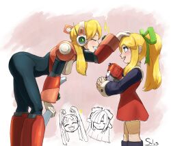  alia_(mega_man) armor armored_boots bent_over black_bodysuit black_sleeves blonde_hair blush bodysuit boots breasts closed_eyes dress from_side gloves green_eyes green_ribbon hair_ribbon hand_on_another's_head headphones highres knee_boots knee_pads large_breasts leaning_forward long_hair long_sleeves mega_man_(series) mega_man_x_(series) miniskirt open_mouth pink_background ponytail red_dress ribbon roll_(mega_man) short_dress shoulder_armor sidelocks skirt smile sulus_spir1t turtleneck white_background white_gloves 