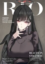  1girl alternate_costume black_hair black_halo black_nails blue_archive breasts cover earrings english_text fake_magazine_cover hair_ornament hairpin halo hands_on_own_face highres jewelry long_hair looking_at_viewer magazine_cover millennium_science_school_logo necklace off_shoulder red_eyes rio_(blue_archive) second-party_source shigure_s solo turtleneck 
