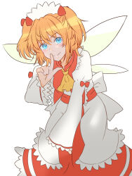  1girl akira_creative ascot back_bow blue_eyes bow collar commentary_request dress fairy_wings fang feet_out_of_frame finger_to_mouth frilled_dress frills hair_bow highres juliet_sleeves light_blush long_sleeves one-hour_drawing_challenge orange_hair puffy_sleeves red_bow red_collar red_sash red_skirt sash shushing simple_background skirt smile solo split_mouth sunny_milk touhou twintails white_background white_bow white_dress white_headdress wings yellow_ascot 