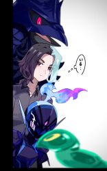 1boy amethio_(pokemon) blurry blurry_foreground bright_pupils ceruledge closed_mouth collared_shirt commentary_request copituji corviknight grey_shirt highres male_focus pokemon pokemon_(anime) pokemon_(creature) pokemon_horizons shirt simple_background speech_bubble thought_bubble translation_request violet_eyes white_background zygarde zygarde_cell