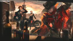  3boys adjusting_eyewear arm_up beer_mug belt_buckle black_gloves black_hat black_jacket black_pants buckle bullet chest_tattoo cloak copyright_name cup english_commentary eyewear_on_head fingerless_gloves flock glass_bottle gloves grey_eyes grey_hair hand_on_own_hip hat jacket leaning_on_object long_sleeves looking_at_viewer mechanical_arms mechanical_legs motor_vehicle motorcycle mug multiple_boys noctis:_indomitus_(pgr) noctis:_indomitus_(punk_dynamo)_(pgr) noctis_(pgr) official_art outdoors pants punishing:_gray_raven red_cloak red_hair roland:_flambeau_(pgr) roland_(pgr) short_hair single_mechanical_arm spiked_jacket standing sunglasses sunlight tattoo watanabe:_epitaph_(hell_sing)_(pgr) watanabe:_epitaph_(pgr) watanabe_(pgr) yellow_eyes 