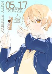  1boy blazer blonde_hair blue_jacket blue_necktie buttons cardigan character_name clenched_hand closed_mouth collared_shirt dated diagonal-striped_clothes diagonal-striped_necktie double-parted_bangs food food_on_face gradient_background hair_between_eyes happy_birthday highres holding holding_food jacket kamiyama_high_school_uniform_(project_sekai) korean_commentary lapels long_sleeves looking_at_viewer maengkkong8852 male_focus necktie notched_lapels one_eye_closed open_clothes open_jacket orange_eyes orange_hair project_sekai school_uniform shirt short_hair solo striped_clothes sweater tenma_tsukasa twitter_username upper_body v-neck white_background white_shirt yellow_cardigan yellow_sweater 