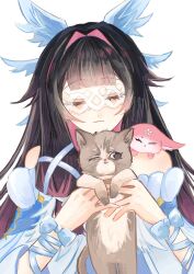  1girl :3 animal animal_on_shoulder animalization black_hair blunt_tresses brown_cat cat closed_eyes closed_mouth colored_inner_hair columbina_(genshin_impact) cowlick detached_sleeves dress eye_mask eyelashes facing_viewer genshin_impact hair_intakes hair_ribbon hands_up highres holding holding_animal holding_cat iragashi_m_m long_hair multicolored_hair person_and_animalization pink_hair ribbon smile solo tress_ribbon white_background white_dress white_mask white_ribbon white_sleeves wrist_bow yae_miko yae_miko_(fox) 