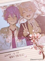  2boys ^_^ aqua_hair blazer blonde_hair blue_hair blue_jacket blush buttons cardigan cherry_blossoms closed_eyes collared_shirt diagonal-striped_clothes diagonal-striped_necktie double-parted_bangs double_v earrings facing_viewer flower gradient_hair grey_cardigan hair_between_eyes hair_flower hair_ornament highres jacket jewelry kamishiro_rui kamiyama_high_school_uniform_(project_sekai) korean_text lapels long_sleeves loose_necktie maengkkong8852 male_focus multicolored_hair multiple_boys necktie notched_lapels open_clothes open_collar open_jacket open_mouth orange_hair petals photo_(object) pink_flower project_sekai purple_hair red_necktie school_uniform shirt short_hair smile streaked_hair striped_clothes striped_necktie stud_earrings teeth tenma_tsukasa twitter_username two-tone_hair upper_body upper_teeth_only v white_shirt yellow_cardigan 