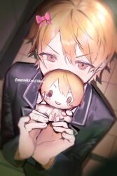  1boy black_jacket blazer blonde_hair blush bow cardigan character_doll collared_shirt covered_mouth doll double-parted_bangs from_above gradient_hair hair_between_eyes hair_bow highres holding jacket kamiyama_high_school_uniform_(project_sekai) lapels long_sleeves looking_at_viewer maengkkong8852 male_focus multicolored_hair notched_lapels orange_eyes orange_hair pink_bow project_sekai school_uniform shirt short_hair solo tenma_tsukasa twitter_username upper_body yellow_cardigan 