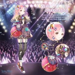  1girl artist_request audience bag black_jacket black_shirt black_shoes black_thighhighs blonde_hair blunt_bangs brown_eyes candy character_name chupa_chups close-up closed_mouth coin_purse collared_shirt constellation_print copyright_name dot_nose dress earrings earth_print english_text food frilled_dress frilled_socks frills full_body glowstick gradient_hair hair_ornament hairclip happy high_collar highres holding holding_candy holding_food holding_lollipop jacket jewelry layered_legwear light_blush light_particles light_rays logo lollipop looking_at_viewer miracle_nikki multicolored_hair neck_ribbon night nikki_(series) official_art open_clothes open_jacket outdoors parted_bangs penlight_(glowstick) pink_hair planet_earrings planet_hair_ornament purple_dress purple_hair purple_jacket purple_ribbon red_bag ribbed_thighhighs ribbon shirt shirt_under_dress shoes shoulder_bag smile sneakers socks solo split-color_hair stage stage_lights standing star_(symbol) star_imagination_(miracle_nikki) star_print strapless strapless_dress thigh-highs torn_clothes torn_thighhighs two-sided_fabric two-sided_jacket white_socks 