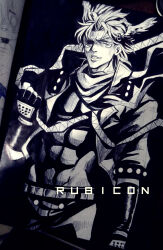  1boy abs battle_tendency burythekidd caesar_anthonio_zeppeli commentary_request english_text facial_mark feather_hair_ornament feathers fingerless_gloves gloves hair_ornament hatching_(texture) head_wings headband highres holding_headband jacket jojo_no_kimyou_na_bouken male_focus marker_(medium) monochrome photo_(medium) popped_collar scarf solo traditional_media wings 