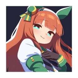  1girl animal_ears black_bow black_bowtie black_gloves blunt_bangs bow bowtie closed_mouth ear_covers gloves green_eyes hairband hand_on_own_chest highres horse_ears horse_girl juliet_sleeves long_hair long_sleeves looking_at_viewer no_lineart orange_hair puffy_sleeves silence_suzuka_(racing)_(umamusume) silence_suzuka_(umamusume) smile solo umamusume waonaolmao white_hairband 