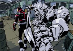  2boys armor atsynd from_behind full_armor gauntlets gloves greaves helm helmet highres holding holding_knife horse_orphnoch kamen_rider kamen_rider_555 kamen_rider_faiz knife multiple_boys tokusatsu walking 
