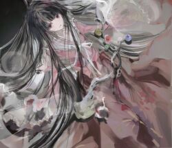  1girl black_hair branch closed_mouth collarbone from_above hime_cut houraisan_kaguya jeweled_branch_of_hourai light_smile long_hair long_skirt long_sleeves looking_at_viewer pink_shirt red_skirt sesmkun shirt skirt solo touhou very_long_hair 