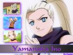  blue_eyes collage earrings female fist flower hairclip happy long_hair naruto open_mouth pony_tail ribbon short_hair smile t-shirt yamanaka_ino young 