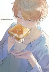  1boy blonde_hair blue_shirt blush bread bread_slice closed_eyes collarbone collared_shirt eating food food_in_mouth gradient_hair highres holding holding_food long_sleeves maengkkong8852 male_focus mouth_hold multicolored_hair open_clothes orange_hair project_sekai shirt short_hair simple_background solo teeth tenma_tsukasa toast twitter_username upper_body white_background white_shirt 