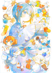  4girls absurdres bell blue_eyes blue_hair blush_stickers bow bowtie box chibi christmas christmas_ornaments christmas_stocking closed_mouth commentary dress gift gift_box hair_bow highres irodori_warabi long_sleeves multiple_girls orange_hair original red_bow red_bowtie short_hair simple_background sleeves_past_fingers sleeves_past_wrists twitter_username watermark white_background white_dress white_hair 