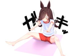  1girl :&lt; animal_ears bare_legs barefoot blush brown_hair buruma closed_mouth commentary feet flipped_hair full_body gym_shirt gym_uniform hair_over_one_eye highres horse_ears horse_girl horse_tail jacket long_hair mat o_o pants red_buruma red_shorts red_track_suit rice_shower_(umamusume) shijima_(shizima_03) shirt short_sleeves shorts simple_background sitting solo spread_legs stretching tail tracen_training_uniform track_jacket track_pants track_suit umamusume white_background white_shirt 