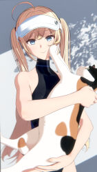  1girl 3d akehi_yuki animal backless_leotard black_leotard blonde_hair blue_eyes cat commentary_request cowboy_shot dappled_sunlight hat highleg highleg_leotard highres holding holding_animal holding_cat leotard long_hair looking_at_viewer miyo_(akehi_yuki) original paid_reward_available smile standing sunlight twintails visor_cap white_hat 