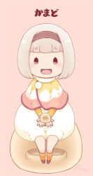  1girl :d bloomers blunt_bangs brown_hairband capelet commentary_request food grey_hair hairband holding holding_food kamado_(food) looking_at_viewer mizuki_maya object_and_personification open_mouth original pink_background pink_capelet simple_background sitting smile solo steamed_bun two-tone_capelet white_bloomers yellow_capelet 