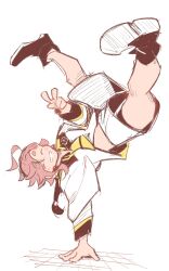  1girl ^_^ ahoge asticassia_school_uniform black_hairband black_shoes blush closed_eyes commentary grid grin gundam gundam_suisei_no_majo hair_between_eyes hairband handstand highres jacket long_hair long_sleeves low_ponytail necktie one_arm_handstand ponytail red_hair school_uniform shoes shorts shoulder_boards simple_background smile suletta_mercury symbol-only_commentary thick_eyebrows v white_jacket white_shorts xinhao yellow_necktie 