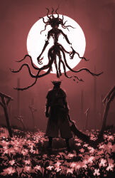  1other absurdres alien artist_name bloodborne boots cross field flower flower_field gloves hat highres holding holding_weapon hunter_(bloodborne) jacket monster moon moon_presence_(bloodborne) saw saw_cleaver standing tripdancer weapon 