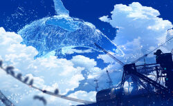  animal animal_focus bird blue_sky blue_theme blurry blurry_foreground cat clouds cloudy_sky construction_site crane_(machine) cumulonimbus_cloud day depth_of_field dolphin fantasy flock highres light_particles makoron117117 no_humans original outdoors oversized_animal scenery silhouette sky surreal water white_bird wide_shot 