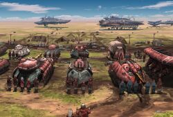  absurdres aircraft airship aoi_waffle caterpillar_tracks dated highres military military_vehicle motor_vehicle multiple_boys multiple_girls original rusty_front tank tent turretless_tank weapon 
