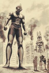  5boys abs alien balding baltan_seijin barefoot billboard black_hair black_shirt blurry blurry_background building camera chest_jewel city clenched_hands closed_mouth commentary from_below giant giant_monster grass hand_in_pocket hat highres holding kakesoba looking_down megaphone monochrome multiple_boys muscular muscular_male navel no_mouth no_nose no_pupils pants pincers pointing recording sepia shirt short_hair size_difference sky skyscraper smoke standing suit tokusatsu tsuburaya_eiji ultra_series ultraman ultraman_(1st_series) white_pants 