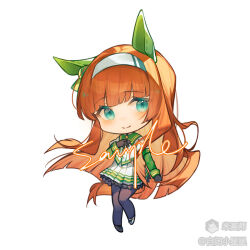 1girl animal_ears asymmetrical_footwear black_gloves black_pantyhose black_shoes blunt_bangs blunt_ends blush chibi chibi_only closed_mouth ear_covers full_body gloves green_eyes hairband highres horse_ears horse_girl horse_tail jacket long_hair long_sleeves looking_at_viewer mihuashi_username mismatched_footwear orange_hair pantyhose pleated_skirt sample_watermark shoes silence_suzuka_(racing)_(umamusume) silence_suzuka_(umamusume) simple_background skirt smile solo standing tail umamusume very_long_hair watermark white_background white_hairband white_jacket white_shoes white_skirt xing_mang_bei_zhan_le 