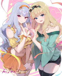  2girls \m/ aqua_shirt artist_name black_skirt black_thighhighs blonde_hair blush commentary_request crossover earrings fingernails frilled_shirt_collar frills grey_hair half-heart_hands heart highres holding_hands idolmaster idolmaster_(classic) jewelry long_hair macross macross_frontier midnamana multiple_girls nail_polish navel off-shoulder_shirt off_shoulder orange_skirt ribbon sheryl_nome shijou_takane shirt skirt smile stomach thigh-highs very_long_hair yellow_shirt 