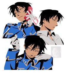  1boy absurdres amestris_military_uniform black_hair cellphone closed_mouth collared_shirt commentary english_commentary flip_phone fullmetal_alchemist gloves hair_between_eyes highres holding holding_phone male_focus phone pplatonbatonn roy_mustang shirt short_hair simple_background smile smirk spiky_hair upper_body white_background white_gloves white_shirt 