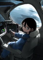  1girl absurdres black_hair blue_overalls commentary_request doroni_max earth_(planet) from_behind hair_between_eyes highres looking_at_viewer looking_back monitor original overalls planet sitting solo space spacecraft spacecraft_interior sunlight window 
