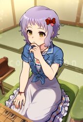  1girl blue_shirt blush board_game bow bracelet breast_pocket brown_bag buttons closed_mouth commission cushion dress floral_print frilled_dress frills hair_bow hand_on_own_chin hand_on_own_thigh hand_up highres idolmaster idolmaster_million_live! indoors jewelry kamille_(vcx68) looking_at_another makabe_mizuki necklace pocket purple_hair red_bow seiza serious shirt shogi shogi_piece short_hair short_sleeves sidelocks sitting solo table tatami watermark wavy_hair white_dress yellow_eyes zabuton 