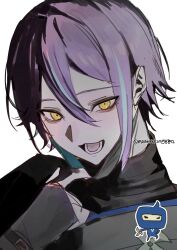  1boy black_shirt double-parted_bangs gloves gozarutchi highres kamishiro_rui long_sleeves looking_at_viewer lower_teeth_only maengkkong8852 male_focus mask mask_pull mouth_mask multicolored_hair open_mouth project_sekai purple_hair shirt short_hair simple_background solo streaked_hair tamagotchi teeth turtleneck twitter_username two-tone_hair white_background yellow_eyes 