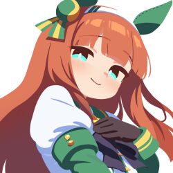 1girl animal_ears black_bow black_bowtie black_gloves blunt_bangs bow bowtie closed_mouth ear_covers gloves green_eyes hairband hand_on_own_chest horse_ears horse_girl juliet_sleeves long_hair long_sleeves looking_at_viewer no_lineart orange_hair puffy_sleeves silence_suzuka_(racing)_(umamusume) silence_suzuka_(umamusume) smile solo transparent_background umamusume waonaolmao white_hairband 