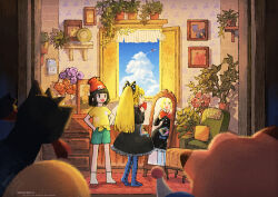  2girls :d alternate_costume baiguiyu beanie black_dress black_hair blonde_hair blue_pantyhose bow chair clefairy clouds commentary_request cosmog day drawer dress flower green_shorts hair_bow hat highres indoors lillie_(pokemon) litten mirror multiple_girls open_mouth pantyhose pokemon pokemon_sm ponytail popplio red_hat selene_(pokemon) shelf shirt short_sleeves shorts sky smile socks standing teeth tied_shirt upper_teeth_only window yellow_shirt 
